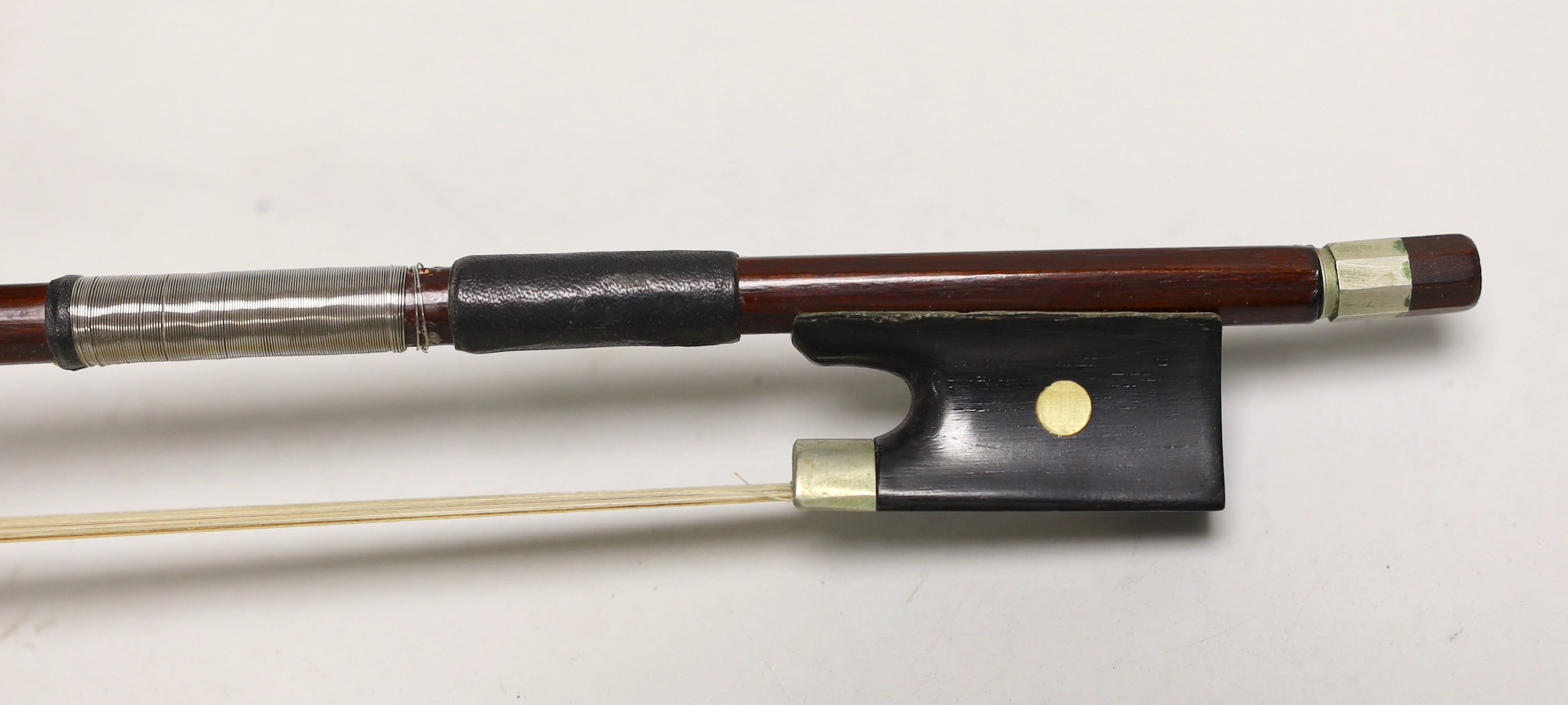 A French single back violin, interior label reads ‘Médio Fino’, back measures 35.5cm excl button. With case and bow